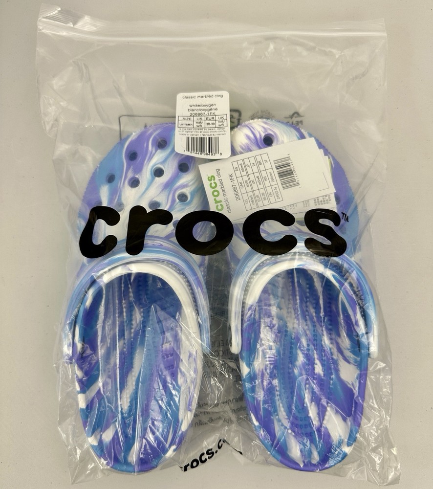 Women's 8 Crocs Classic Marbled Clog White/Oxygen (Blue & Purple) 206867-1FK