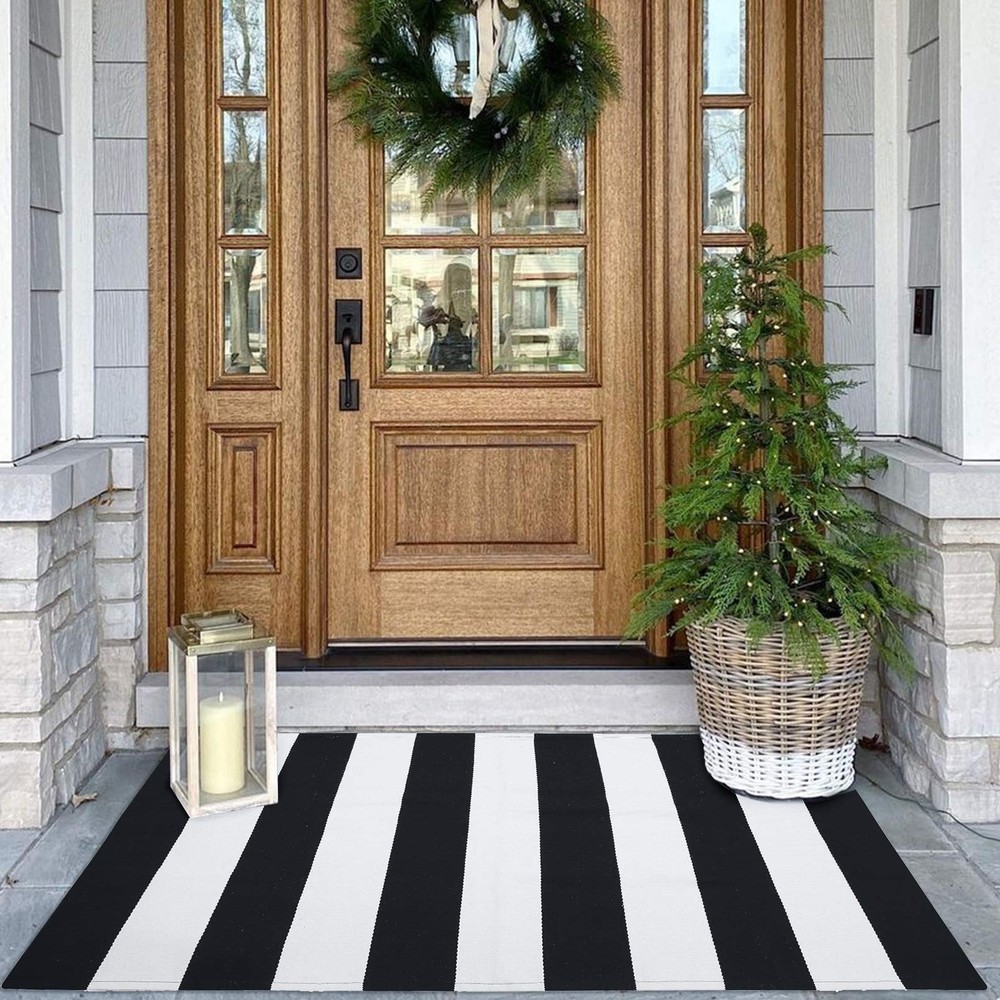 KOZYFLY 27.5x43 Inch Black and White Striped Cotton Front Door Rug