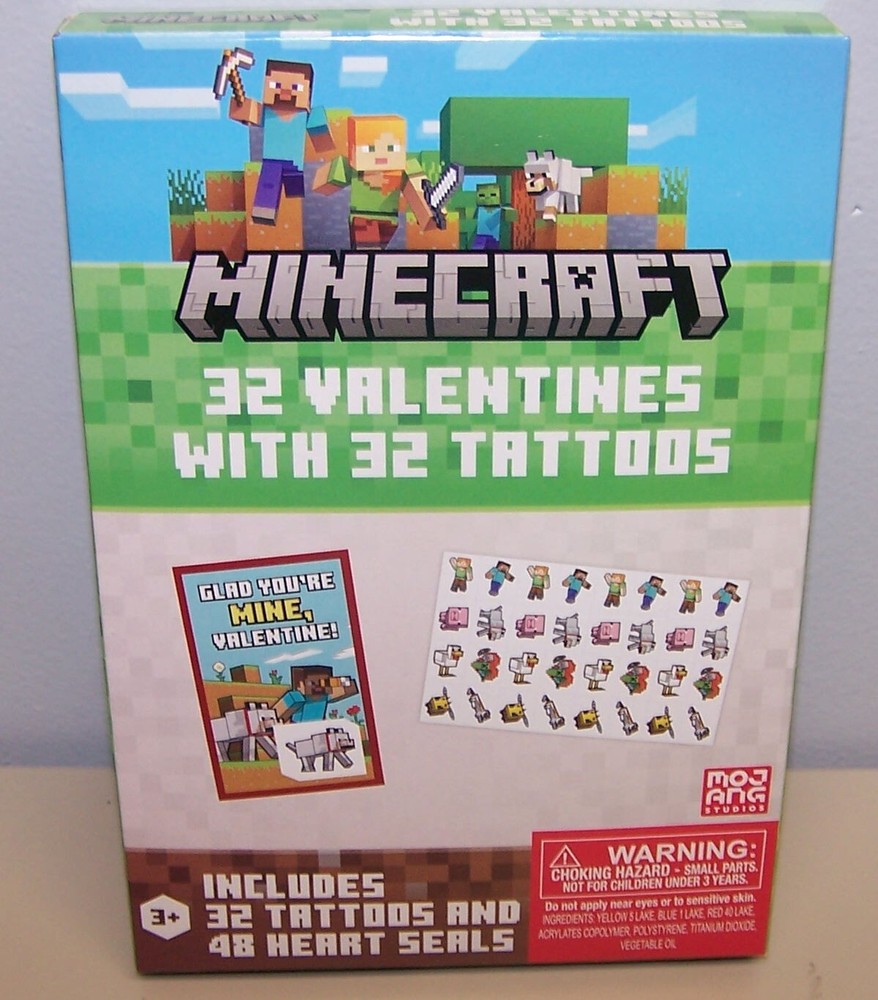 Valentines Day Exchange Cards Minecraft (Box of 32) With Tattoos