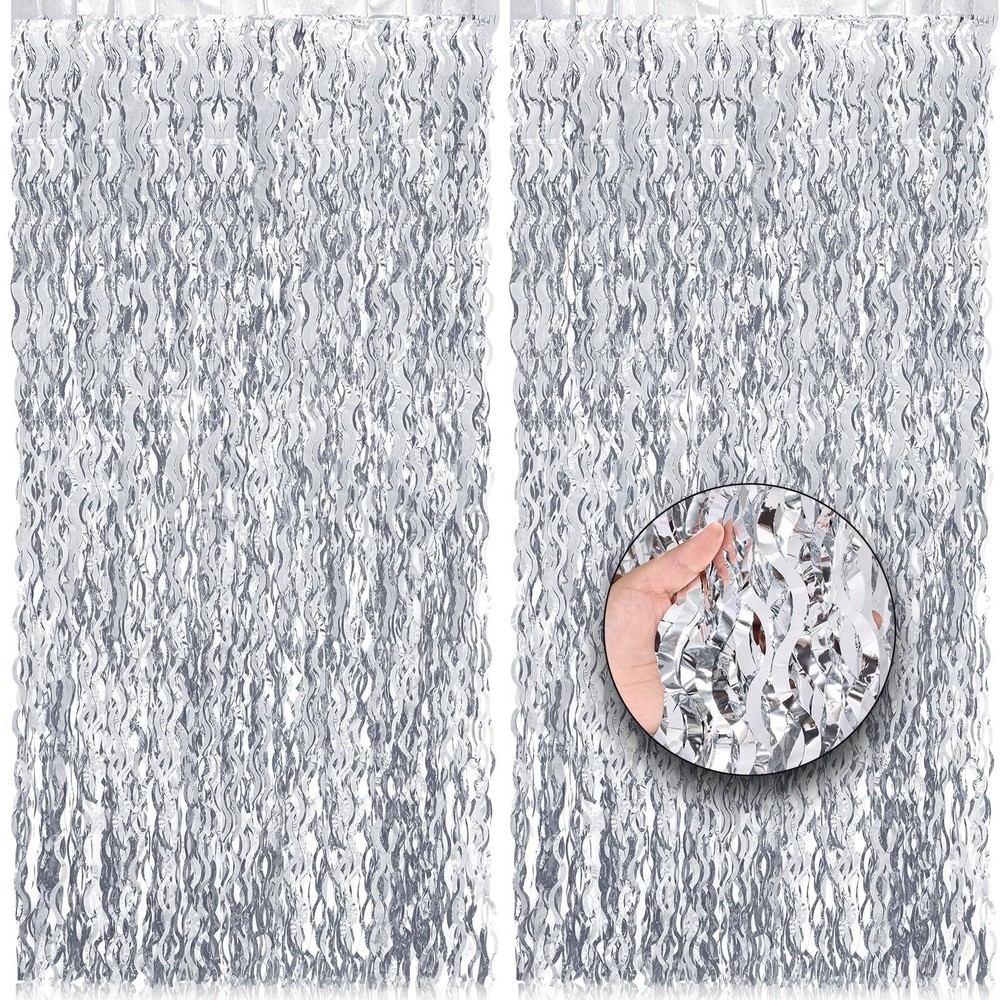 PIGETALE 2-Pack Silver Foil Wavy Curtain Backdrop 3.2x6.5 Feet