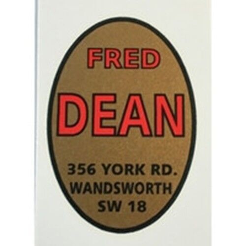 Vintage FRED DEAN oval head transfer with 356 York Road address in red, black, and gold