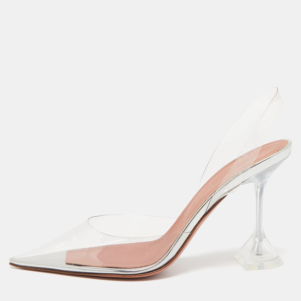 Amina Muaddi Holli Clear PVC Pointed Toe Slingback Heels Size 39.5
