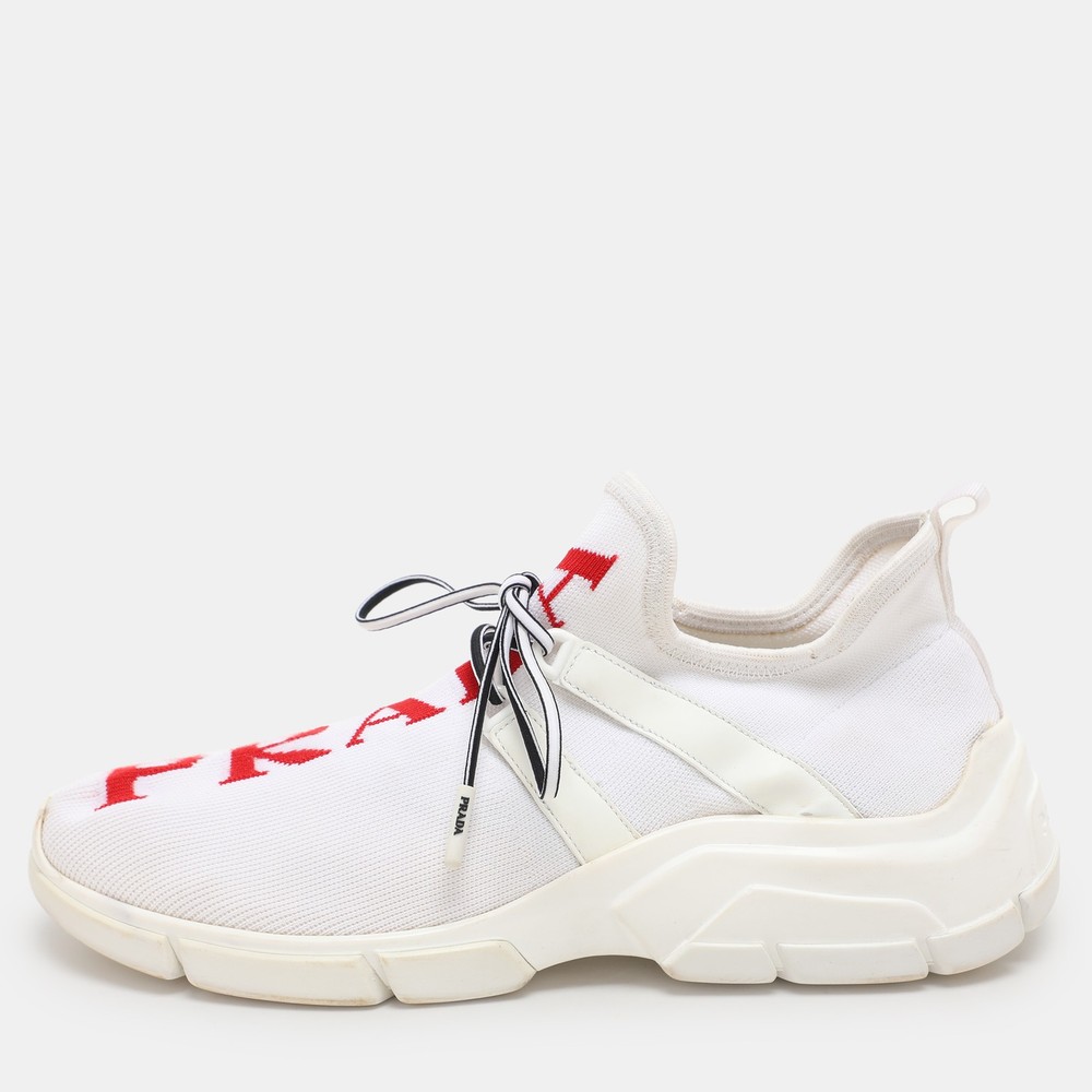 Prada White and Red Knit Low Top Sneakers Size 38