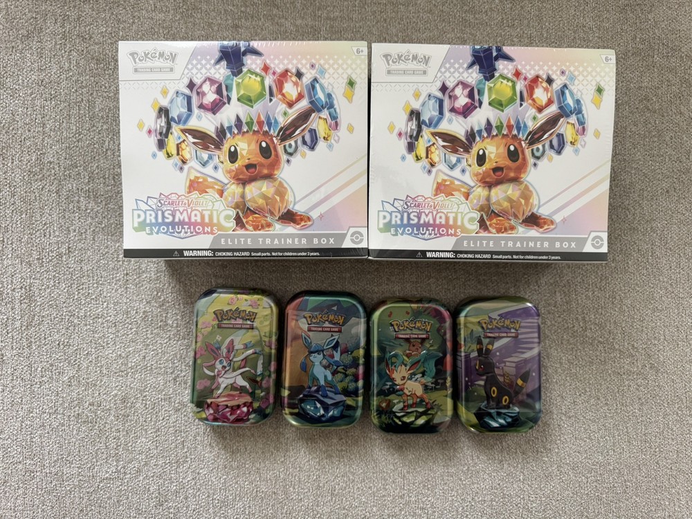 (Lot of 2) Pokemon Prismatic Evolutions Elite Trainer Box ETB SEALED and 4 TINS