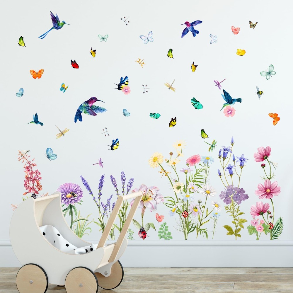 Supzone Flowers Butterflies Wall Decals Chrysanthemums Dragonflies Wall Stick...