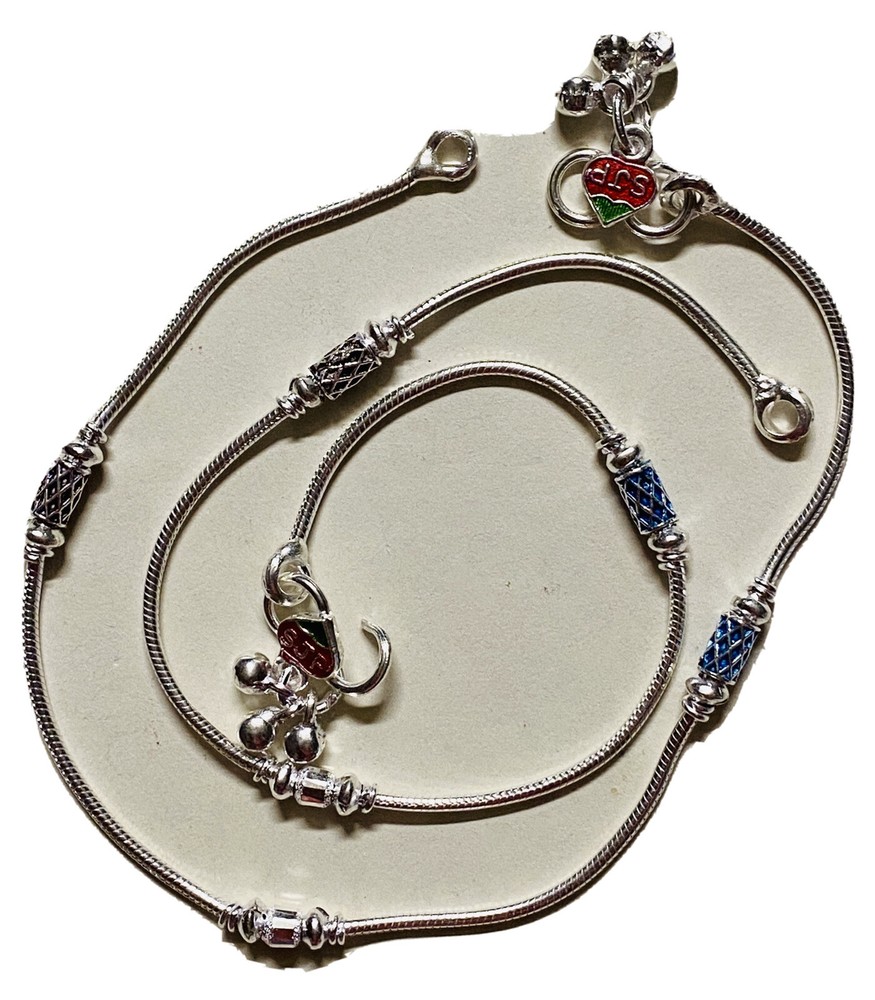New PAIR STERLING SILVER payal BLUE ENAMEL BELLS ANKLET BOLLYWOOD INDIA-image