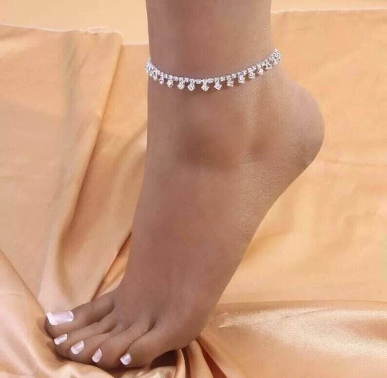 7Ct Round Cut Moissanite Women's Fancy Design Anklet 14K White Gold Plated