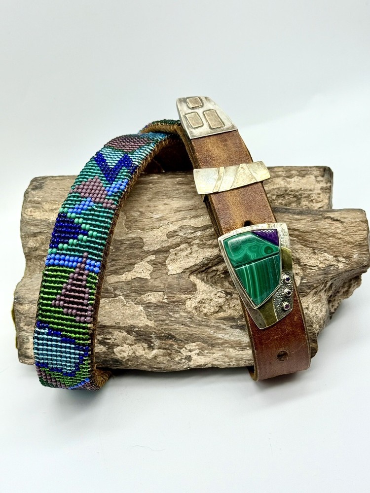 Vintage Sterling 18k Gold Buckle Malachite Gemstone Beaded Leather Belt Signed