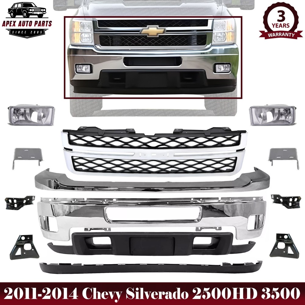 Set Of 13 Front Bumper Chrome Kit For 2011-2014 Chevy Silverado 2500HD 3500HD
