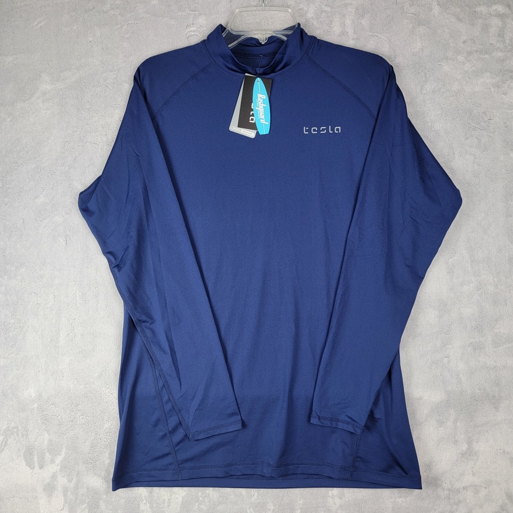 Rashgaurd Shirt Mens L Turtleneck Compression Blue Performance Train Tesla Logo