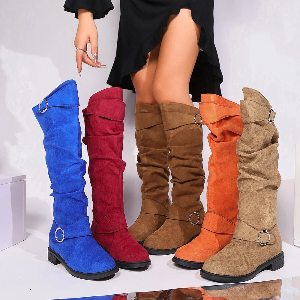 Stylish Mid-Calf Slouchy Boots Comfortable Round Toe Buckle Belt Pull-On Riding
