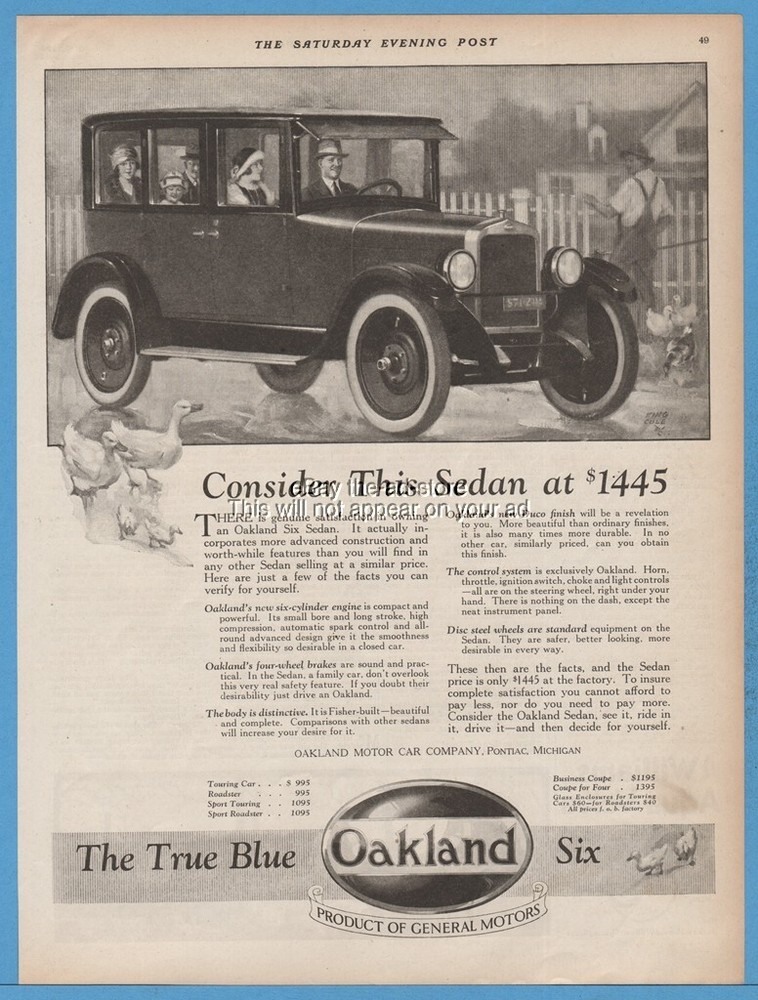1924 Oakland Motor Car Co Pontiac MI Six Sedan General Motors King Cole Art Ad