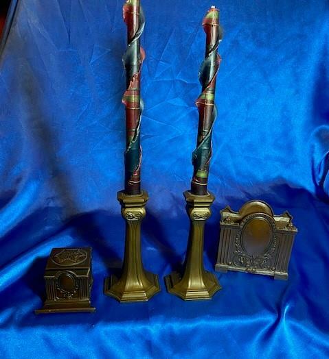 Jennings Bros bronze 4 piece Desk Set Inkwell, Letter holder, 2 Candle Holders