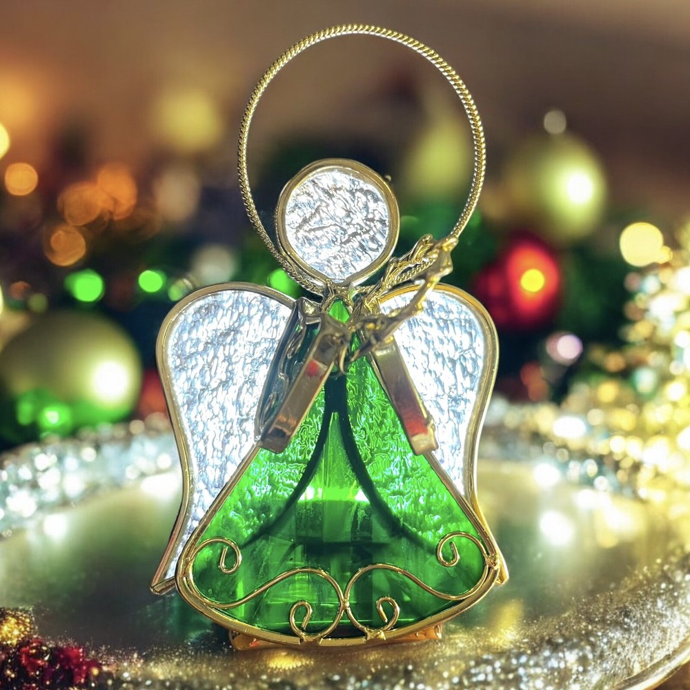 VTG Green & Gold Stained Glass Angel Tealight Candle Holder