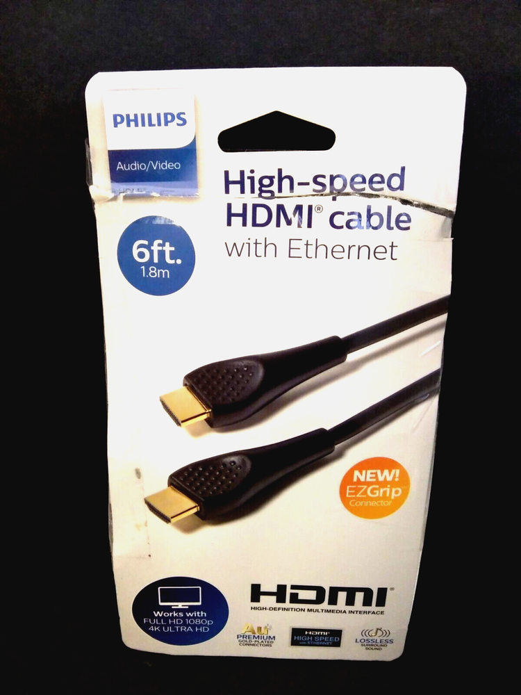 Philips HDMI Cable Black 6 Ft High Speed With Ethernet 4K Ultra HD New Open Box