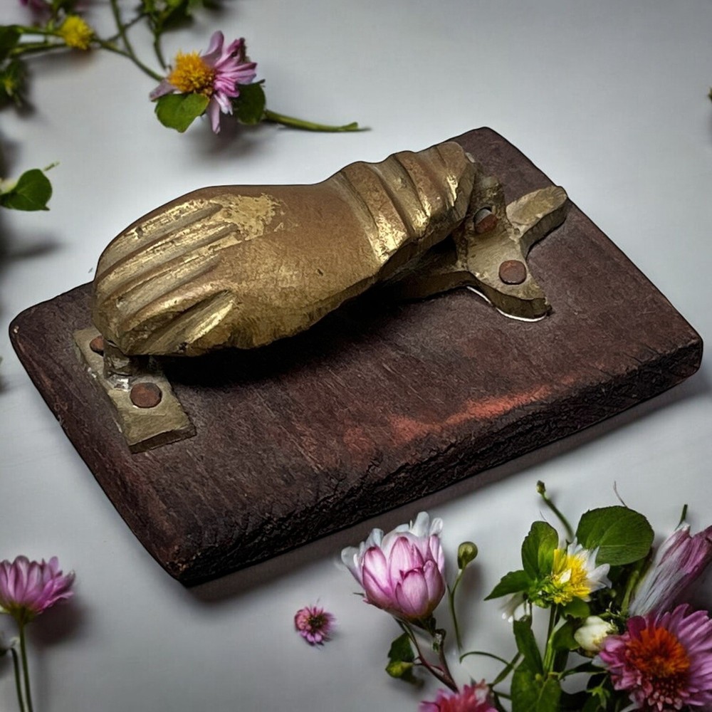 Antique Victorian Brass FIgural Hand Paperweight Desk Clip On Wooden Base