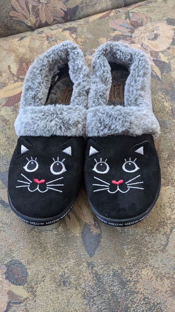 Bobs by Skechers Womens 7.5 Meow Memory Foam Pajamas Slippers Black Cats