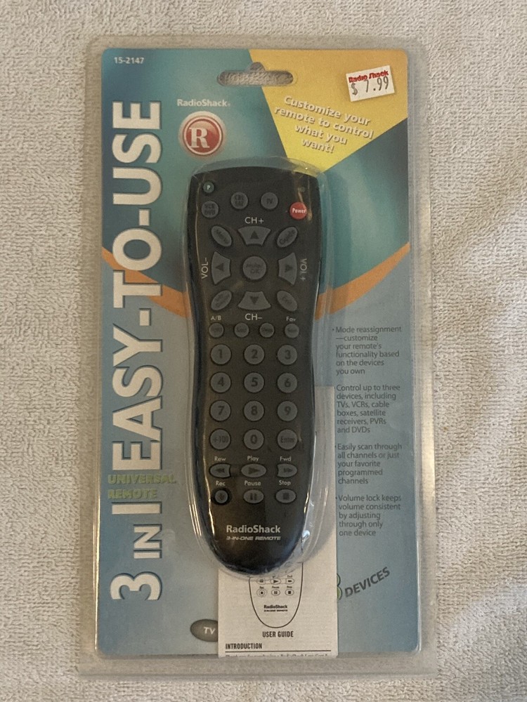 Radio Shack 3 in 1 Easy to Use Universal Remote Control 15-2147 New Unopened