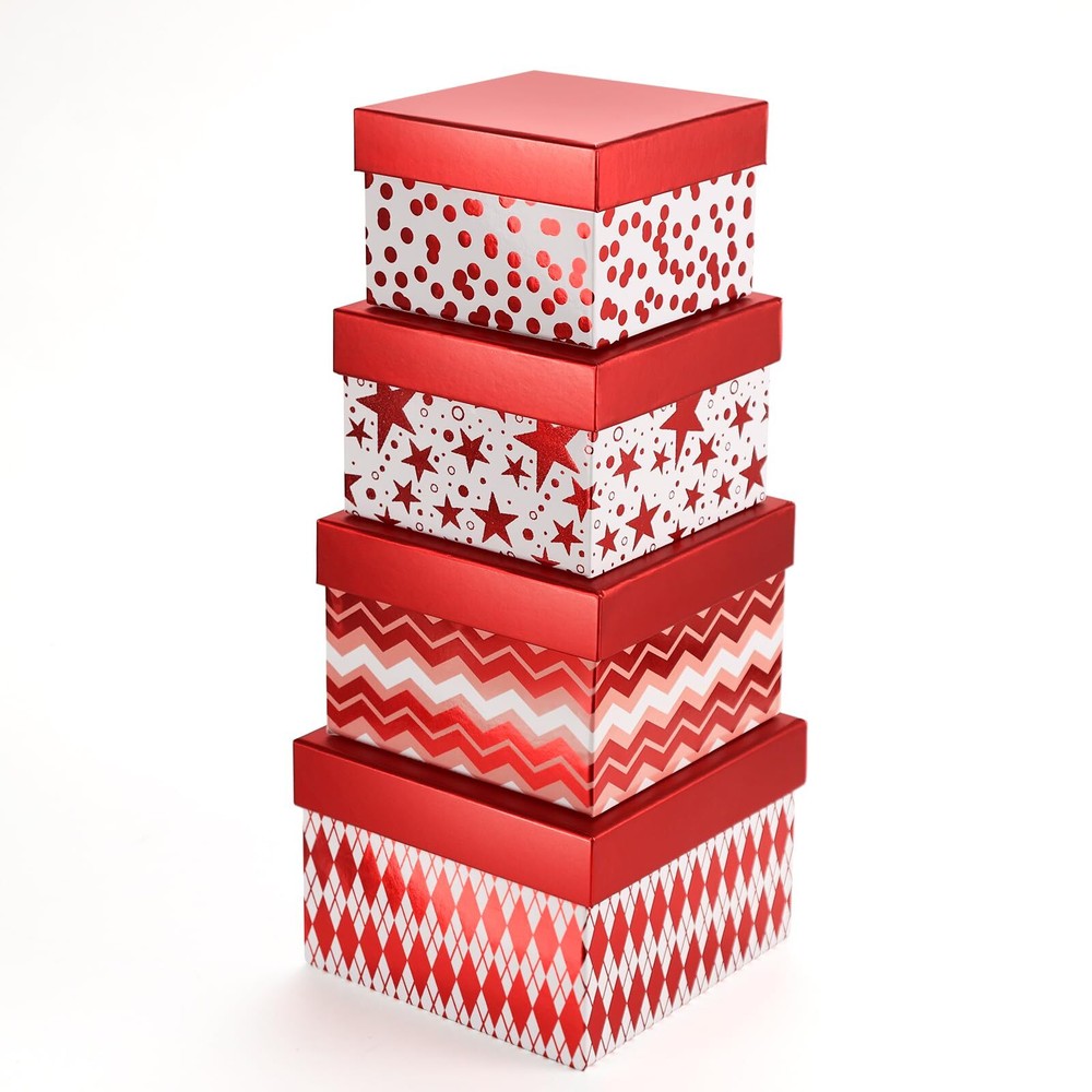 Christmas Gift Boxes 4 Pack Metallic Red Foil Geometry Square Nested Valentine