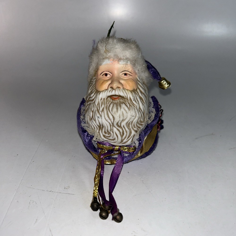Vintage Porcelain Santa Face Ornament with Velvet Ball Purple Lace Ribbon Bells