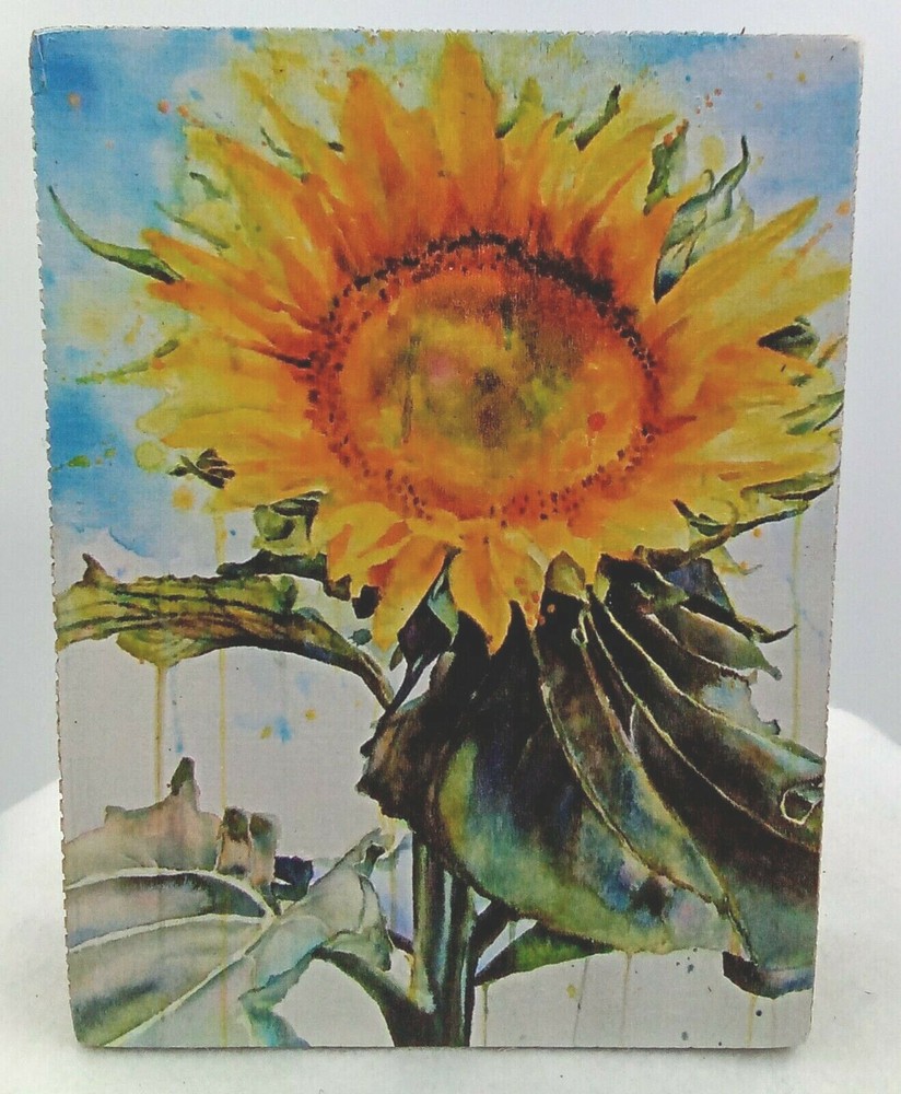 Sunflower Yellow Orange Wood Box Sign with Green Stem Leaves and Blue Skies 6x8x1.75 Inches