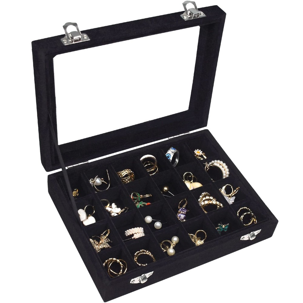 Velvet Jewelry Box 24 Grid Jewelry Ring Display Organiser Box Tray Holder Case