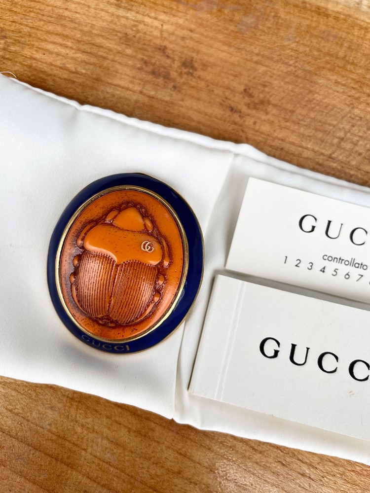 Vintage Gucci Scarab Brooch with Enamel & Resin Cameo - Rare Excellent Condition