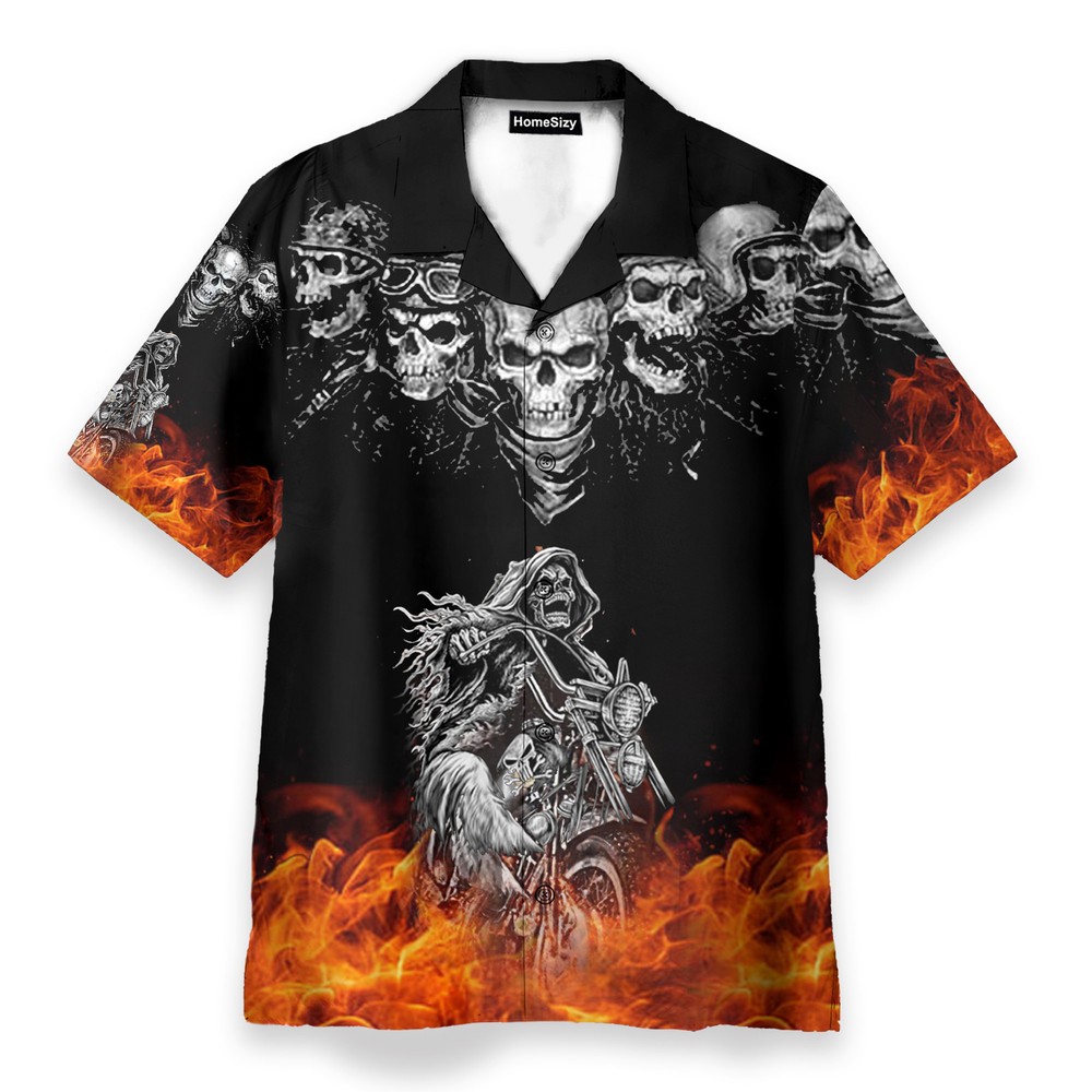 Flame Skull Riding Motobike   Hawaiian Shirt