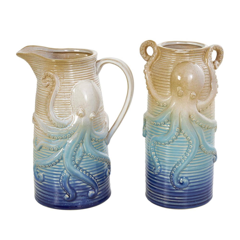 Ceramic Octopus Decorative Vase Dimensional Ribbed Ombre Centerpiece Vases, S...