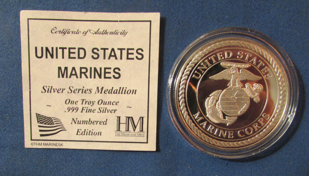 USMC UNITED STATES MARINES 1 OZ 999 FINE SILVER ROUND WITH PRESENTATION CASE COA