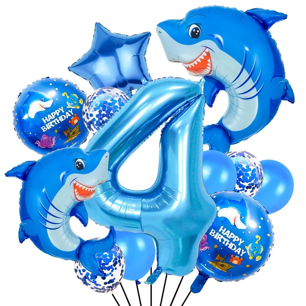 40 Inch 4 Balloon Number Cute Blue Shark Balloons Giant Foil Number 4 Balloon...