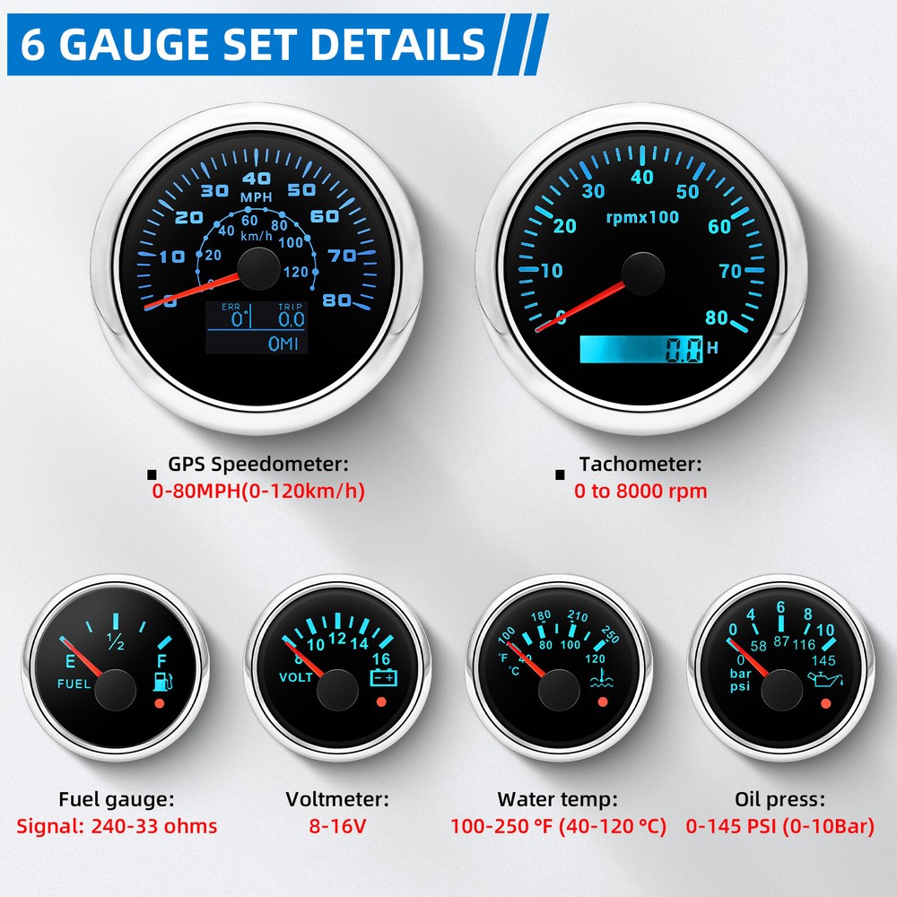 85MM GPS Speedometer 80MPH with 52mm Fuel Temp Oil Volt Gauge Set for Boats ATVs