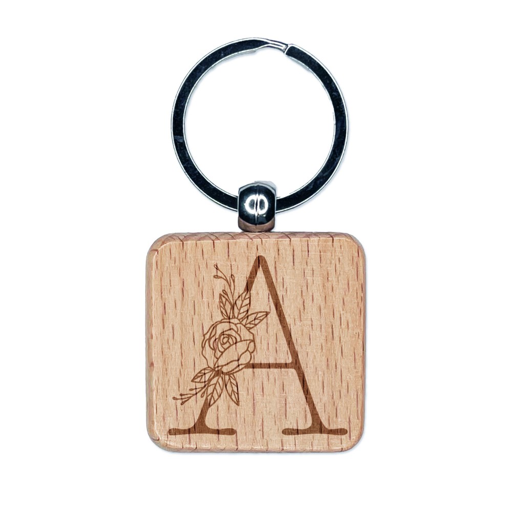 Rose Typewriter Font Capital Letter A Engraved Wood Square Keychain Tag Charm