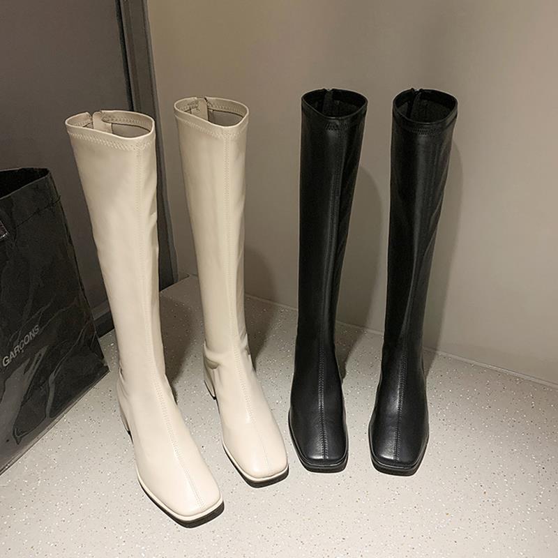 Women's Square Toe Knee-High Boots with Low Mid Heel and Back Zipper for Casual Riding Style