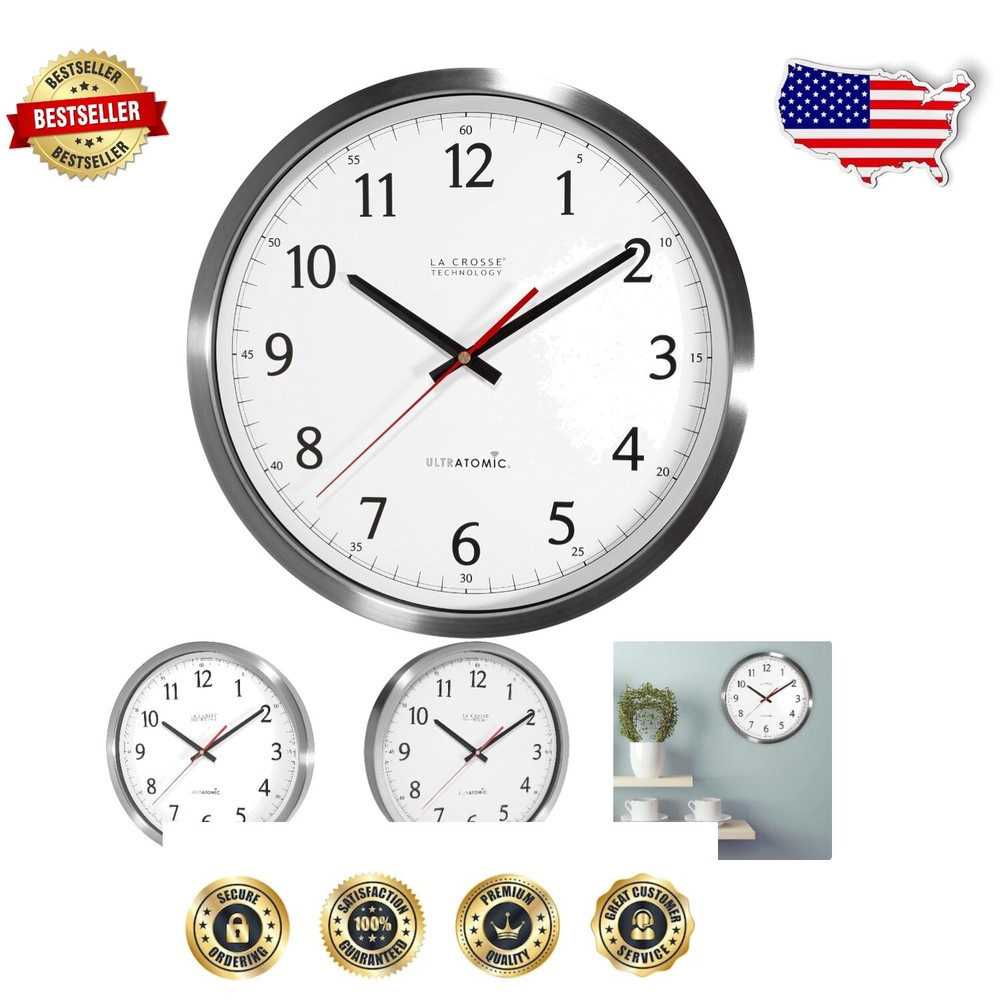Contemporary Atomic Wall Clock - 14-Inch Stainless Steel with Enhanced Reception
