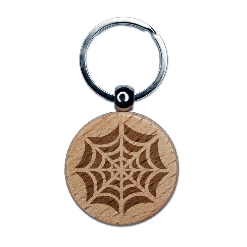 Elegant Spider Web Halloween Engraved Wood Round Keychain Tag Charm
