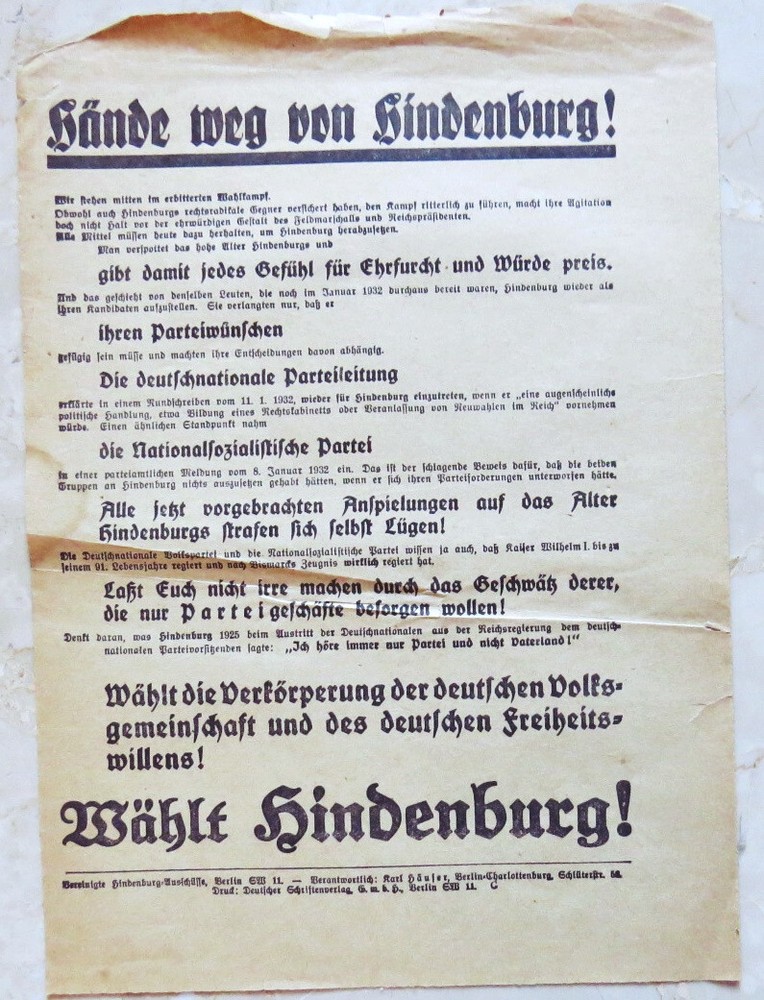 Mega rare ORIGINAL Weimar Republic election leaflet 1932 - Vote for Hindenburg !