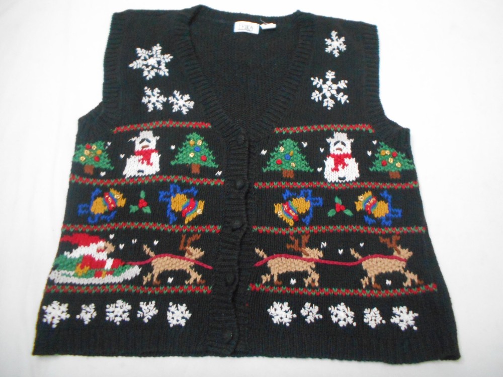 Vintage 90s Erika Christmas Cardigan Sweater Black Santa Reindeer Granny Large