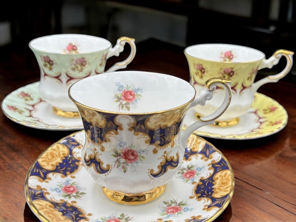 Vintage Royal Dover Bone China Floral Teacup and Saucer Set of 3
