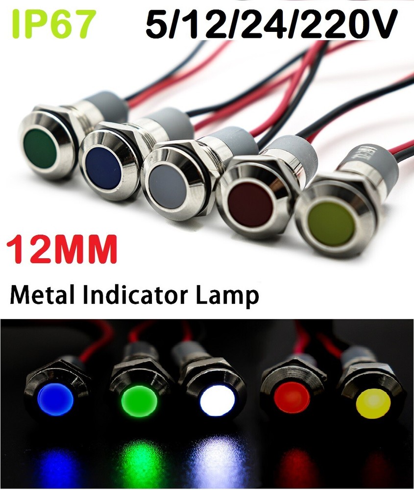 12MM IP67 LED Waterproof Metal Indicator Light Signal Lamp & Wire 5/12/24/220V