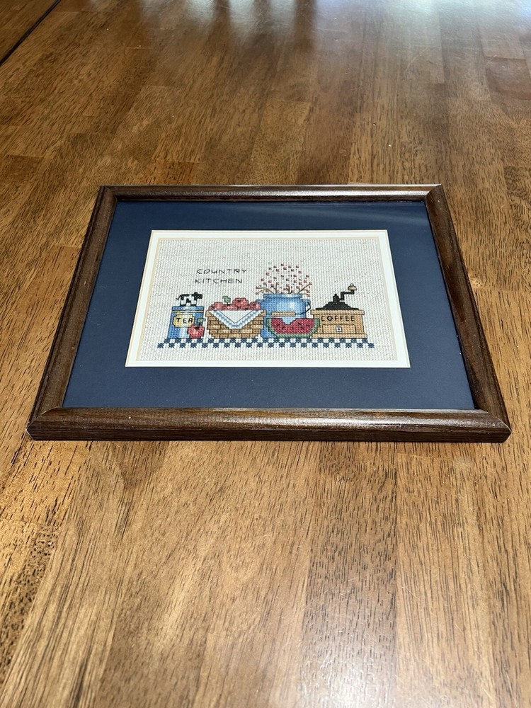 Country Kitchen Coffee Grinder Flowers Cross Stitch Complete Framed Farmhouse