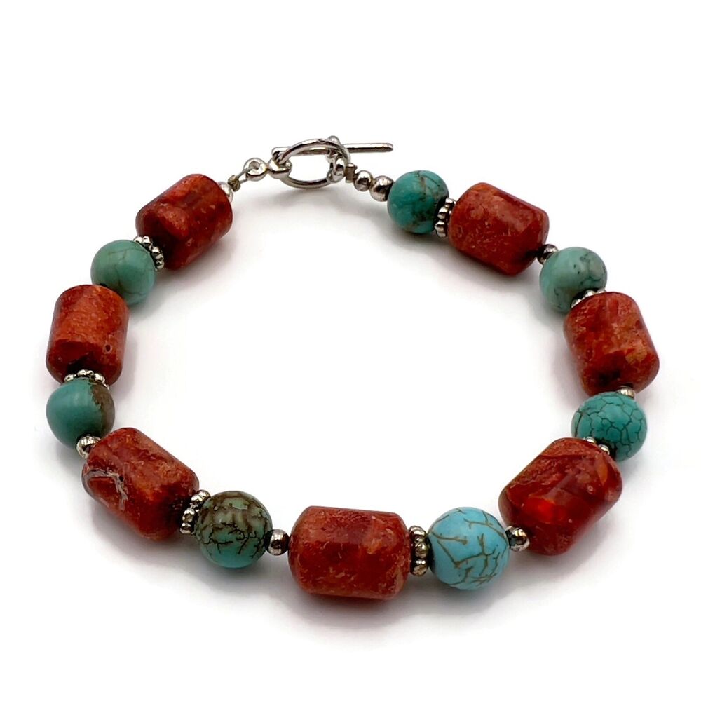 Handcrafted Blue And Red Jasper Stone Beaded Toggle Clasp Fashion Bracelet