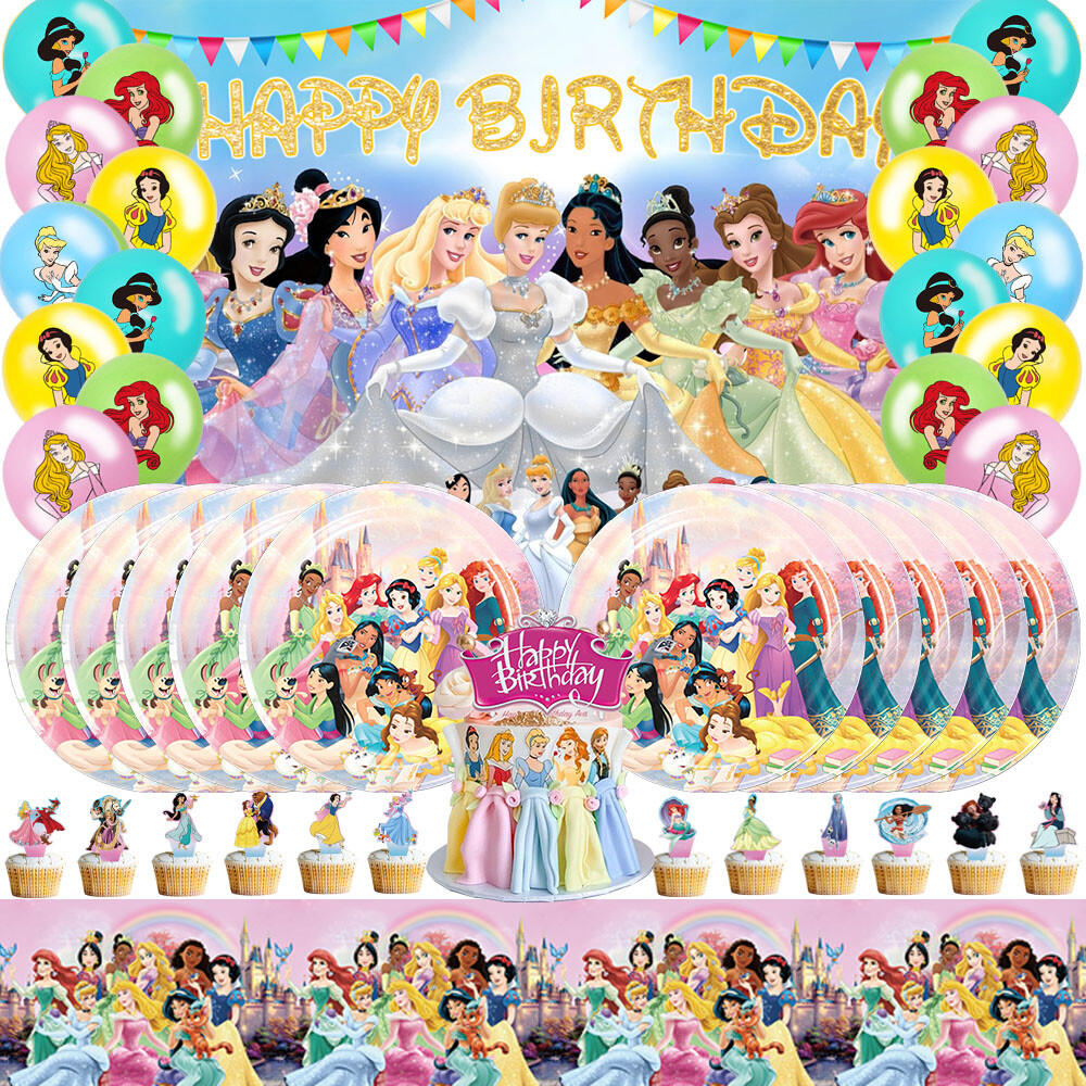 Disney Princess Party Decor Kit with Plates Balloons Banner Cake Toppers Tablecloth