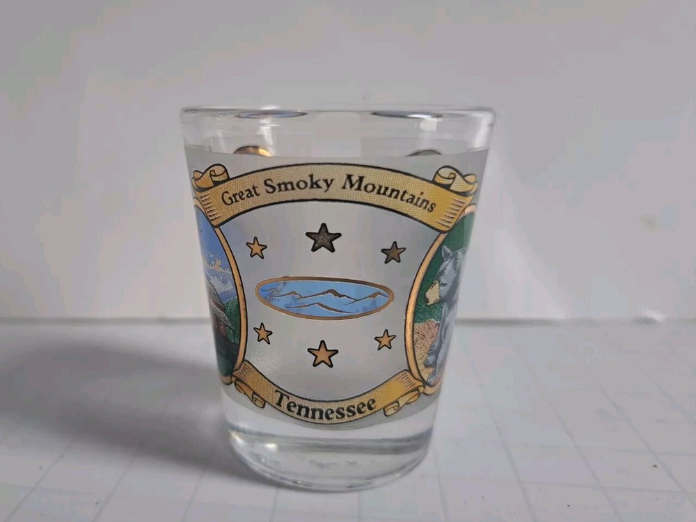 Great Smoky Mountains Shot Glass Whiskey Tennessee Black Bear Cardinal Bird Star