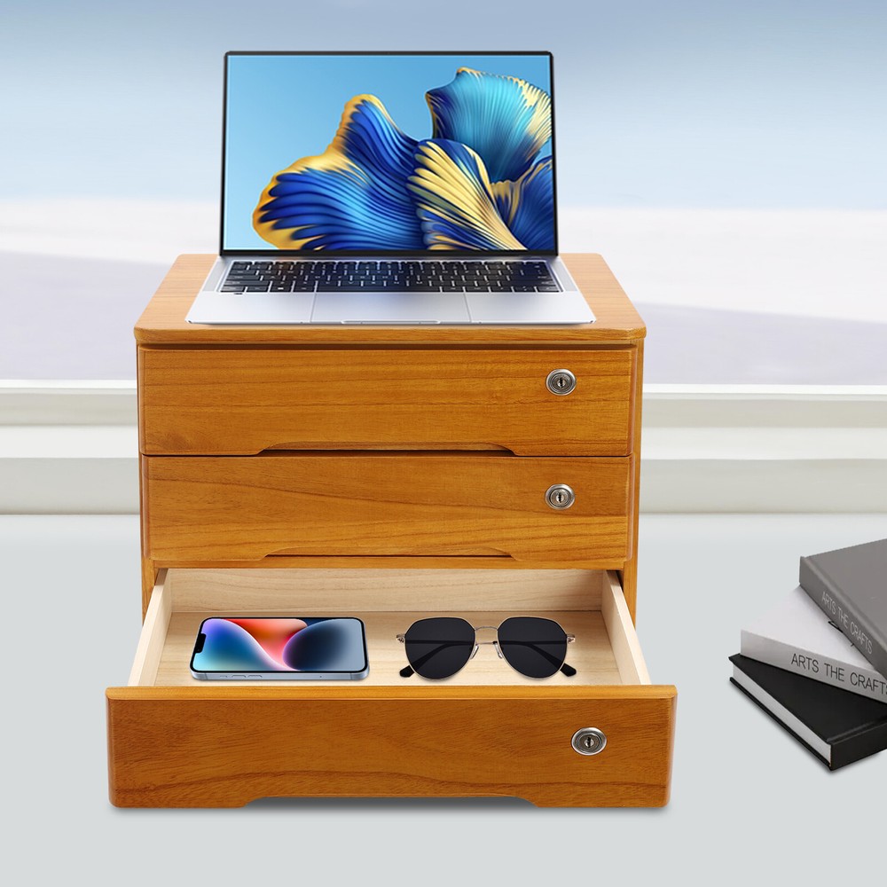 Wooden Desktop Storage Cabinet Desktop Storage Box with Lockable Drawers New