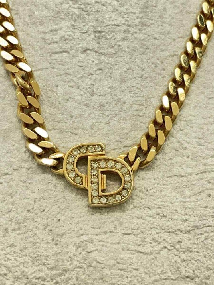 Christian Dior Curb Chain Necklace / Rhinestone / Gld / With Top / Women's EO603