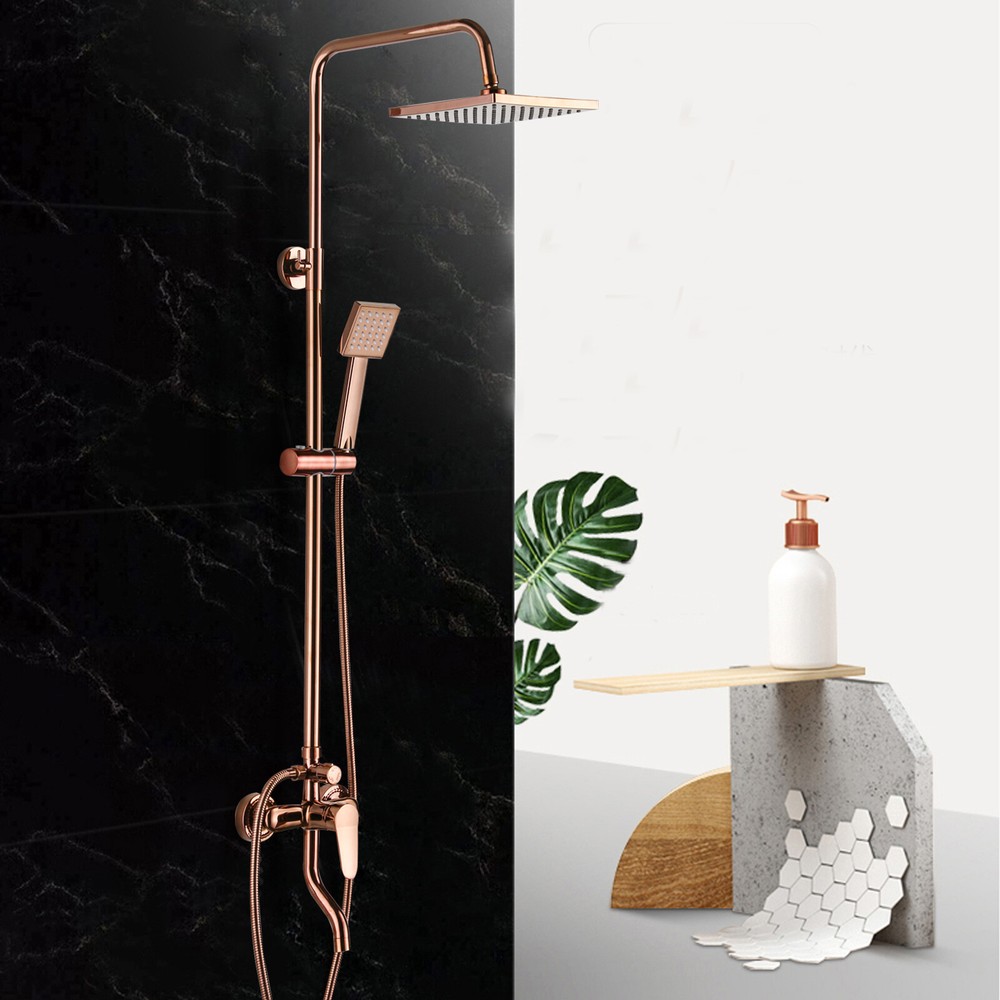 Rose Gold  Bathroom Shower Faucet Set Rainfall Head Mixer Shower Fixture Wall