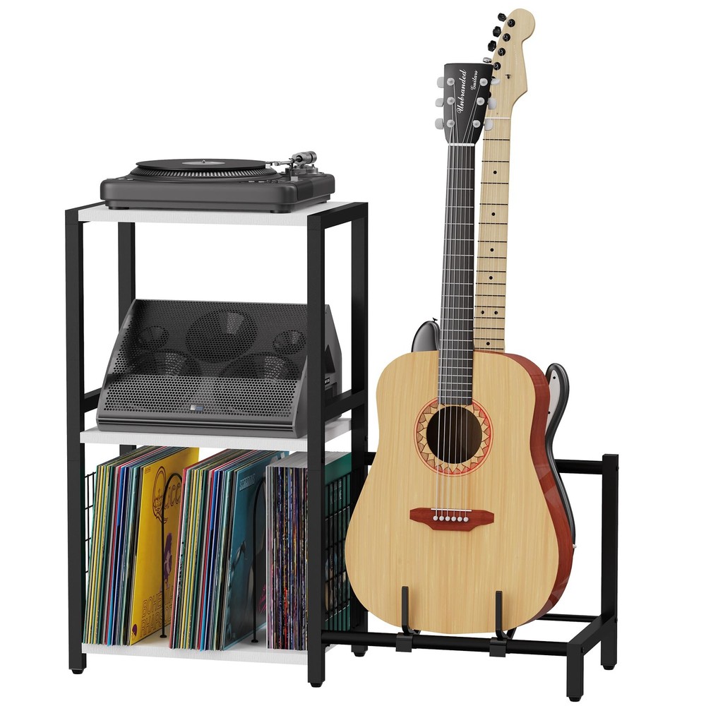 2-Tier End Table with Guitar Stand & Vinyl Record Storage for Record Player  