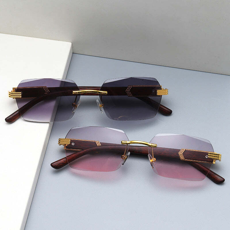Irregular Metal Sunglasses With Wood Grain Temples