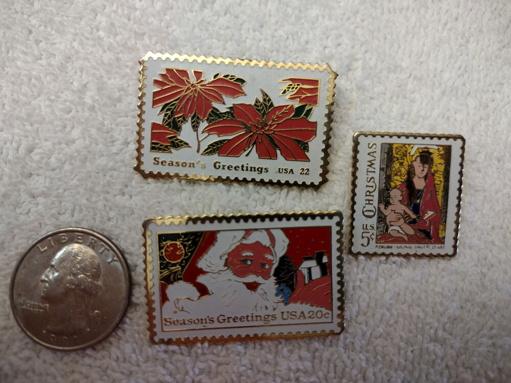 USPS USA 5c 20c 22c Christmas Santa Poinsetta Postage Stamp Lapel Pins SET OF 3